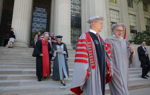 MIT President Rafael Reif, MIT Chairman Robert Millard, President Emerita Susan Hockfield, and 2019 Commencement speaker Michael Bloomberg proceed to Killian Court