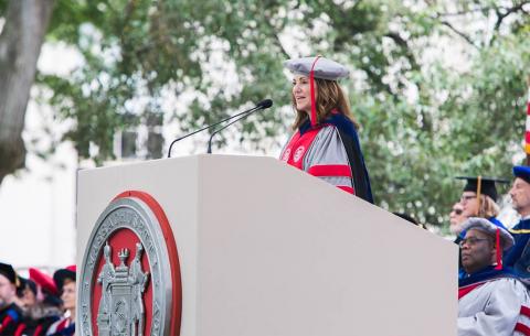 MIT Chancellor Cynthia Barnhart SM '86 PhD '88 addresses the Doctoral candidates; photo: Jake Belcher