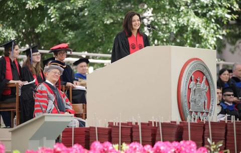 Speaker Sheryl Sandberg, COO of Facebook, addresses the class of 2018