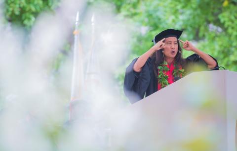 Image of Kealoha Wong delivering the keynote speech at the Special Ceremony for the Classes of 2020 and 2021