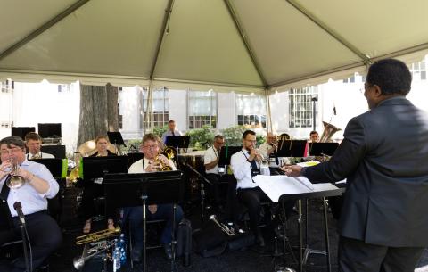 Image of the Killian Court Brass Ensemble, playing the Processional music