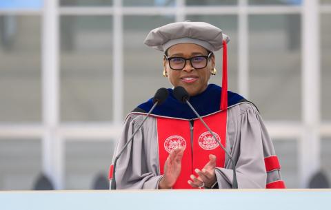 Image of Melissa Nobles delivering her Commencement address